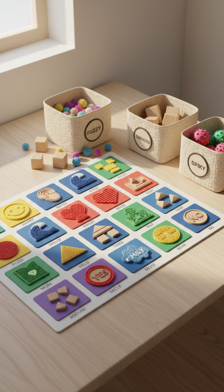 A detailed illustration of a tactile communication board crafted from sturdy, soft-touch laminated material, featuring vividly colored icons for common words and emotions. The board rests against a pale birch surface with subtle wood grain, surrounded by tidy, labeled bins of sensory objects like fuzzy balls and smooth wooden blocks. Warm, diffused daylight from a high window creates gentle highlights and softens all shadows, while the environment feels calm and organized. The scene is shot using a slightly elevated angle, employing the rule of thirds for balance, with a realistic, approachable artistic style that underscores clarity and accessibility for milestone tracking.